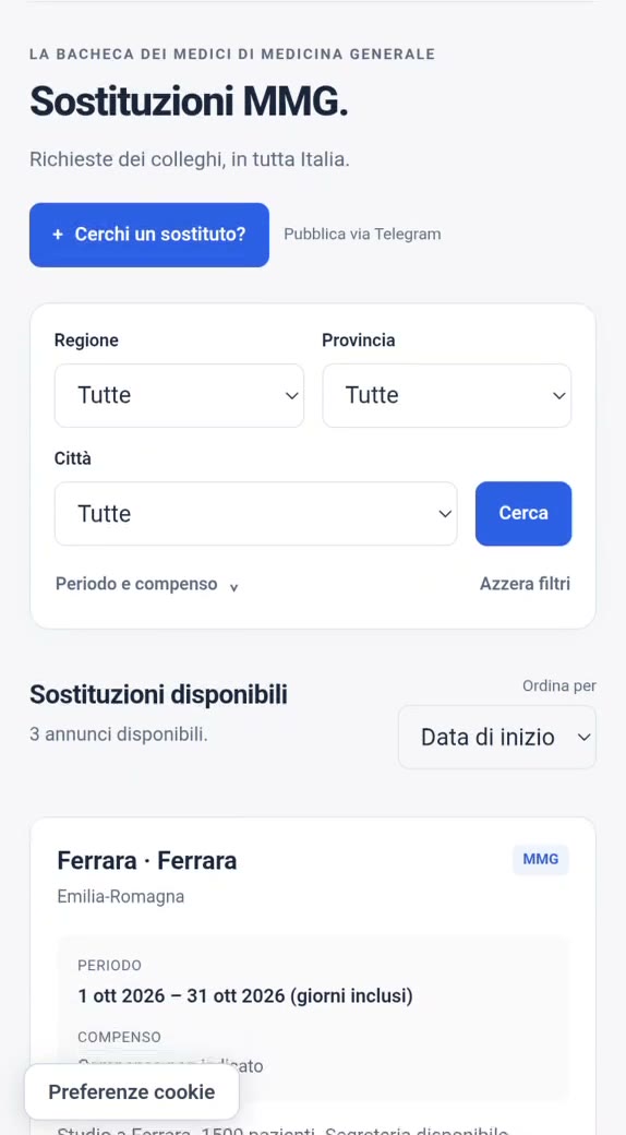 La bacheca Sostituzioni con filtri geografici e annunci