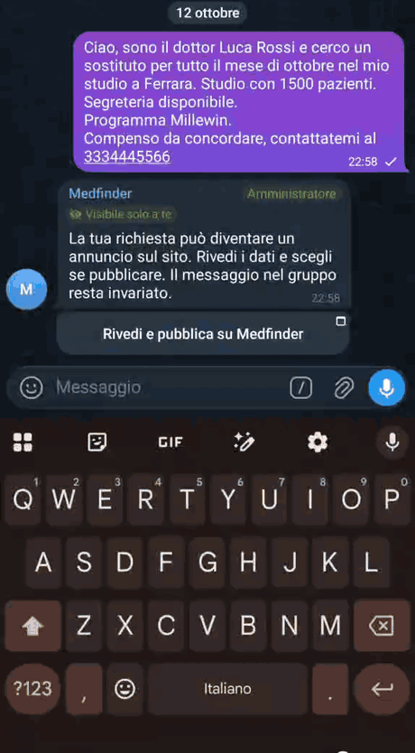 Dimostrazione animata: apertura delle proprie sostituzioni con /mie, invio di /nuova, compilazione di luogo, periodo, compenso e contatto, conferma della pubblicazione e apertura dell’annuncio pubblico.
