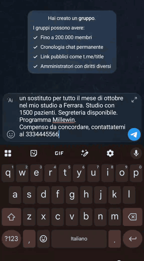 Dimostrazione animata: invio della richiesta su Telegram, apertura di Rivedi e pubblica su Medfinder, controllo della bozza, scelta del contatto e conferma della pubblicazione sul sito.